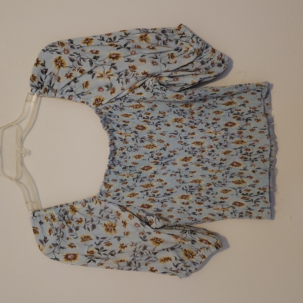 Angie - Sunflower print square neck ruched bodice puff sleeve top